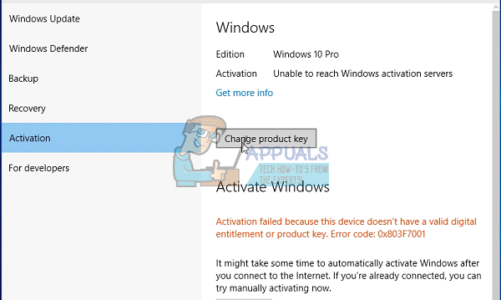 Устранение: Ошибка активации 0x803F7001 в Windows 10
