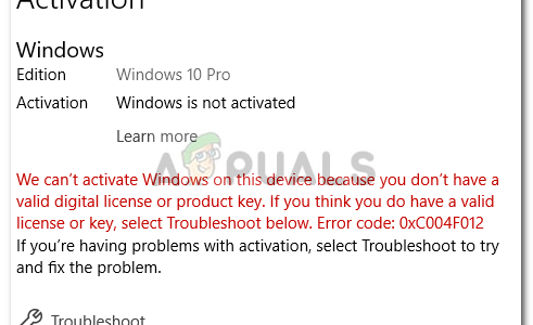 Исправление: Ошибка активации Windows 0xc004f012