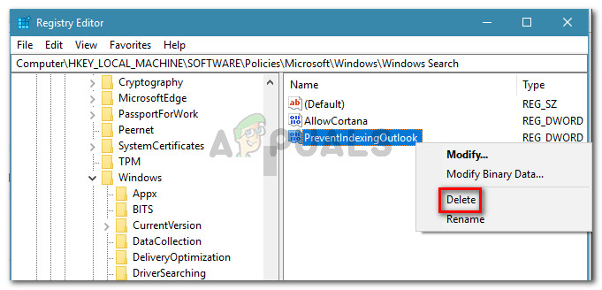 Удаление значения PreventIndexingOutlook