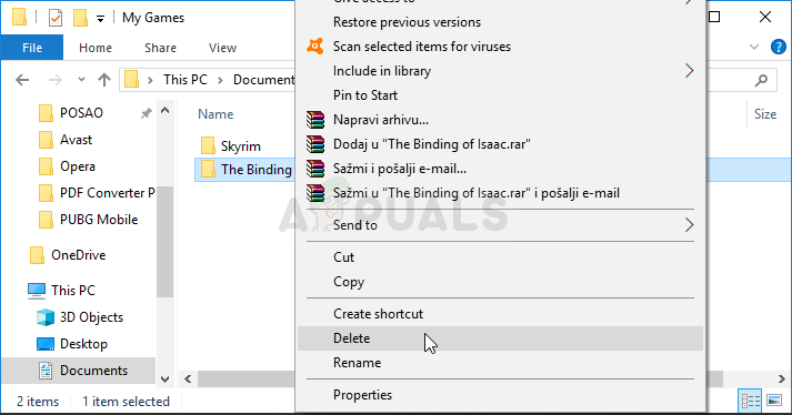 Удаление папки The Binding of Isaac