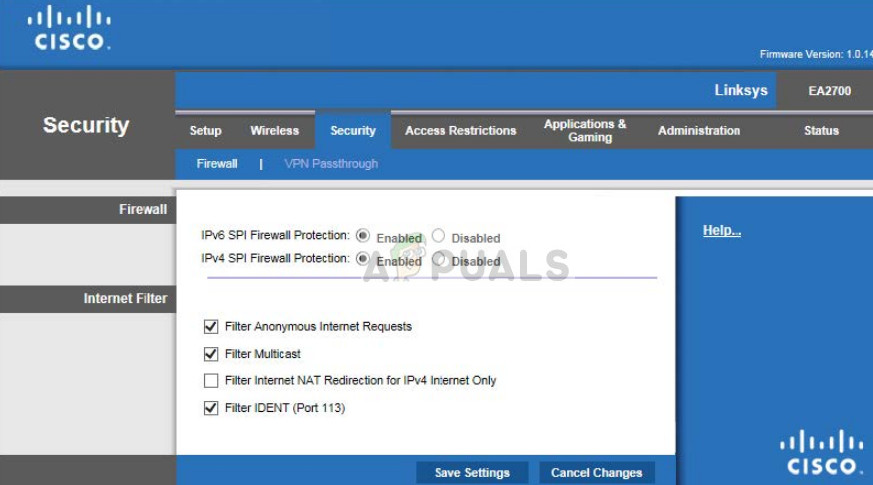 Страница конфигурации маршрутизатора Cisco