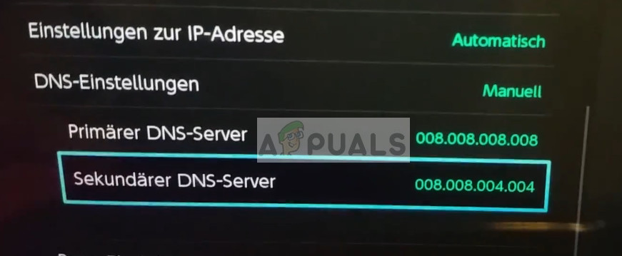 Ввод настроек DNS Google в Nintendo Switch