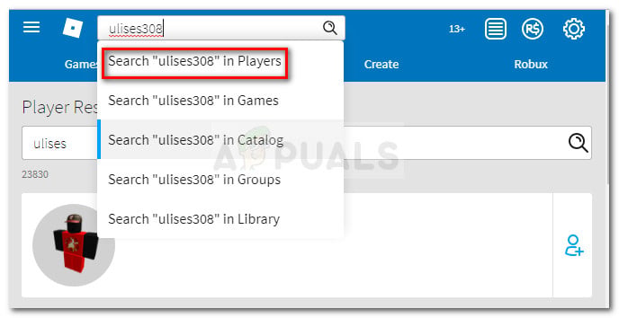 Найдите имя вашего друга на roblox.com